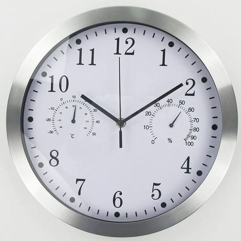 Horloge murale ronde à quartz, horloge murale intérieure silencieuse en aluminium avec thermomètre et hygromètre pour salon, cuisine, bureau (blanc) (1/5)