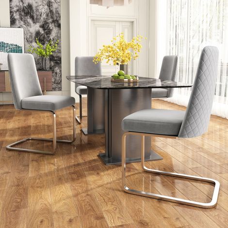 Lot de 4 chaises velours luxe - Dossier diamant - Pieds métal argenté - Gris - Salon/chambre - Salle à manger (1/5)