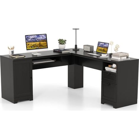 COSTWAY Escritorio Esquinero Grande 168X168 cm, Escritorio en L con Cajones, Bandeja para Teclado, Mesa en L con Estante Ajustable Oficina Casa (Negro) (1/5)