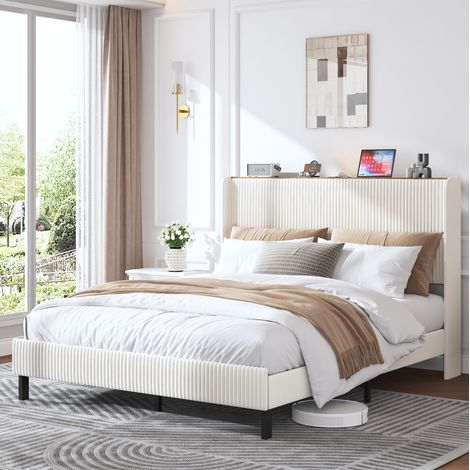 Bett 160x200 Bettgestell gepolstert Cord Beige HAVRYA (1/5)