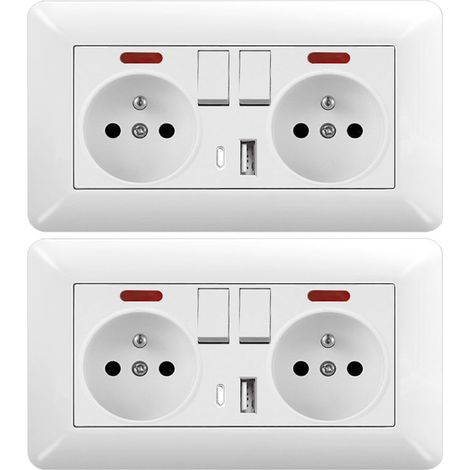 2er Set 16A Doppelsteckdose mit Schalter, LED, 1 USB + 1 USB-C – Unterputz Wandsteckdose 240V