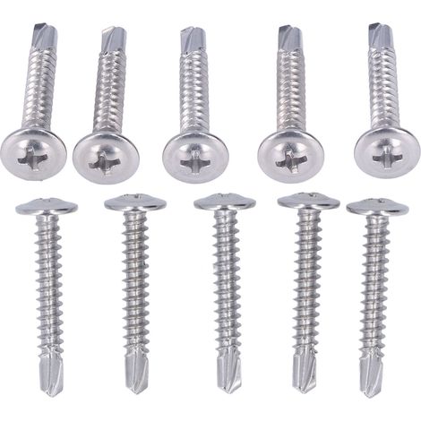 Vis à bois autoforeuses tête fraisée avec rondelle, 100 pièces, inox 410, 4,8x32 mm, fixations robustes pour métal et bois, visserie professionnelle. (1/5)