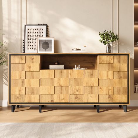Aparador de salón 160 x 35 x 76 cm - buffet moderno con 4 puertas de diseño geométrico, compartimento abierto, sin tiradores, mdf, natural (1/5)