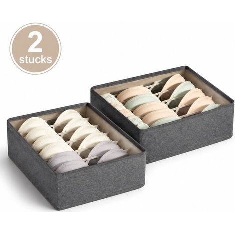 Set de 2 organiseurs de lingerie – 6 compartiments – 32x32x11 cm – Gris – Tiroir et armoire – Rangement (1/5)