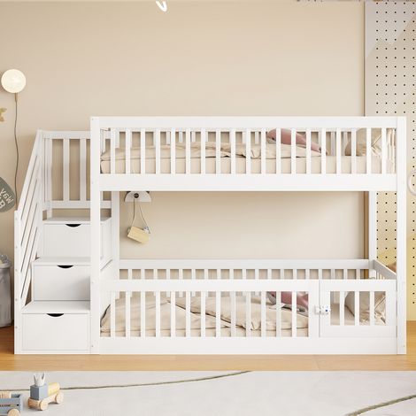 Lit superposé 90x200 enfant avec échelle sécurisée et tiroirs, lit en bois blanc avec rangement pour enfants et adolescents (1/5)