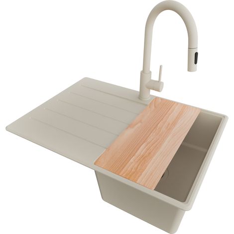PRIMAGRAN Evier Cuisine en Granit 70x50cm, Lavabo 1 bac + Robinet 40x20cm + Kit de Vidage + Accessoire, Évier à Encastrer au meuble 40cm - Copenhague, Beige (1/5)