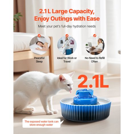 Fontaine à Eau Chat Céramique, 2,1 L, Distributeur Eau Chat Porcelaine, avec Pompe Silencieuse, Zone Accès 360°, Système de Filtrat… (1/5)
