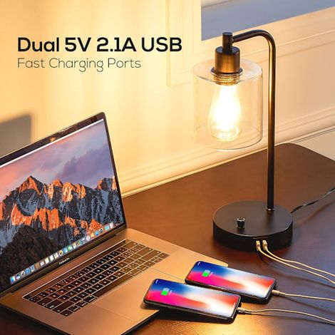 Lampe de chevet à intensité variable avec ports de chargement USB, lampe de nuit LED noire, abat-jour en verre, idéale pour la chambre, le salon ou le bureau. Ampoule incluse. (1/4)