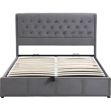 Lit coffre adulte 140x200 velours gris - Cadre métal rembourré, vérin hydraulique, capacité 300 kg