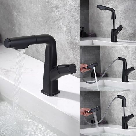 Grifo de fregadero extraíble, grifo giratorio de agua caliente y fría, negro (1/4)