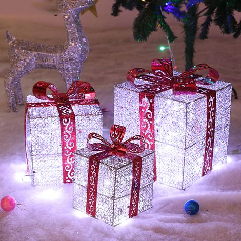 Coffret de Noël lumineux, 3 décorations de Noël, boîte cadeau en fer, fournitures de Noël lumineuses, argenté, prise UE (1/3)