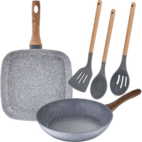 Juego de sarten con asador grill de 26 cm y 28x28 cm en aluminio forjado y set de 3 utensilios de cocina SAN IGNACIO (1/5)