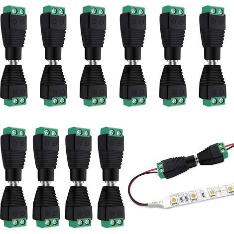 10 Paires Connecteur 12v DC Adaptateur, 5,5 mm x 2,1 mm mâle et Femelle, DC Alimentation Fiche Prise Adaptateur Vis Borne Connecteur, pour CCTV Caméra LED Bande (10 Femelle + 10 mâle) (1/5)