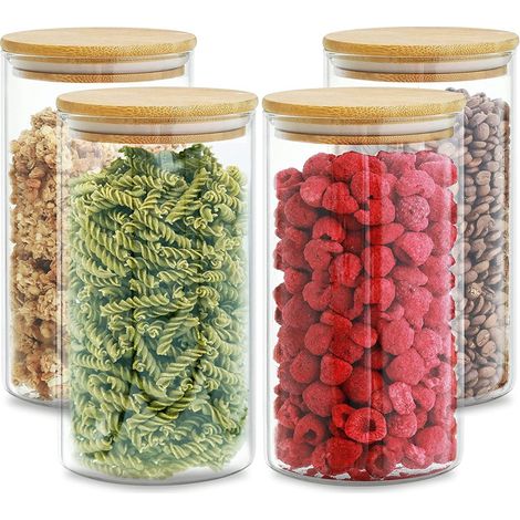 Bocal Épices Verre - 4 Pièces - 1300 ml - Couvercle en Bambou - Empilable - Verre Borosilicaté 2 mm - Étanche avec Anneau en Silicone - Lot Complet (1/5)
