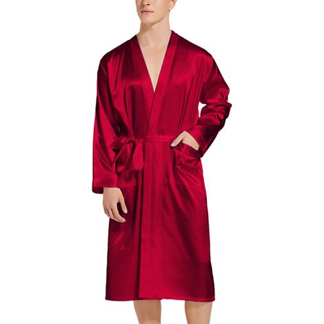 1 Peignoir homme, satin, col V, ceinture ajustable, poches, S à XXL (1/5)