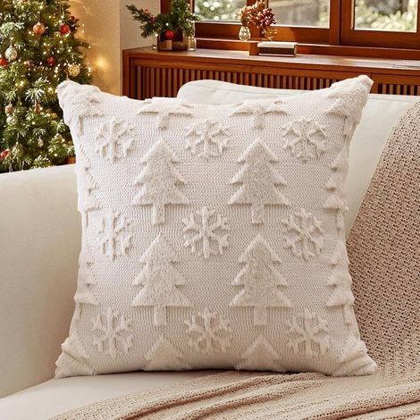 Lot de 1 Doux Peluche Laine Courte Velours Décoratif Housses de Coussin de Noël Luxe Style pour Canapé Chambre - Arbre et Flocon de Neige Crème Beige, 45 x 45 cm (1/5)