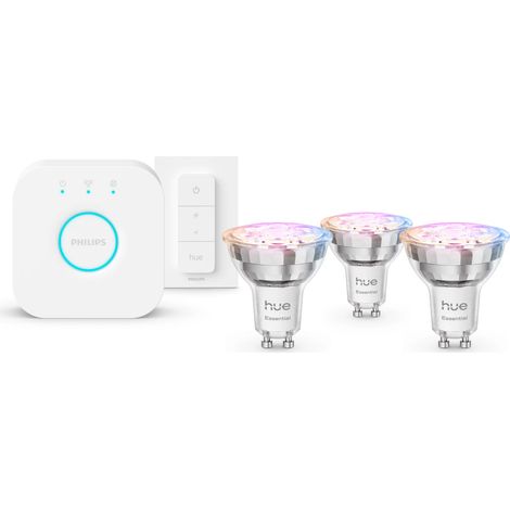 Philips Hue Essential Starter Pack GU10 con 3 Focos LED (345 lm) Luz blanca y de color - Incluye 1 Bridge, 1 Regulador de intensidad - White and Color Ambiance (1/3)