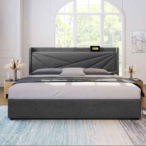 Letto contenitore Letto matrimoniale per adulti 180 x 200 cm. Ricarica USB tipo C. In lino. Grigio. Senza materasso (1/5)