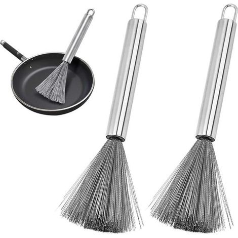 Lot de 2 brosses à poêle en acier inoxydable, brosses pour wok, brosses de nettoyage pour wok, brosses pour poêles à frire (1/4)
