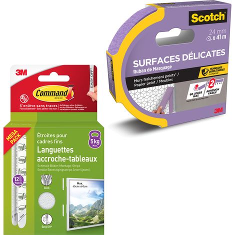 Pack Command™ & Scotch® : Languettes accroche-tableaux sans trace et Ruban de masquage surfaces délicates intérieur 60 jours (1/2)