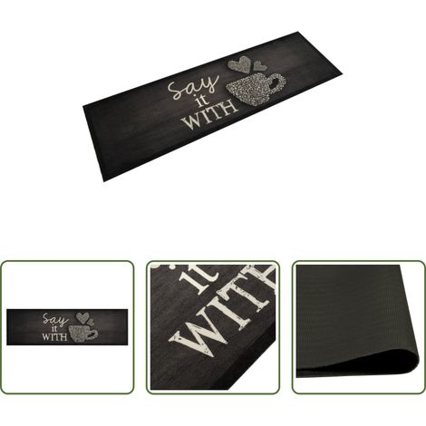 Tapis de salle de bain - Tapis de cuisine lavable imprimé tasse noir 45x150 cm velours (1/5)