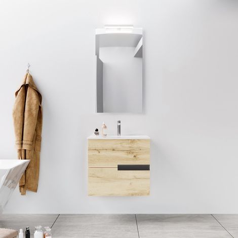 Mueble de baño 60 cm Roble Claro - 2 cajones y lavabo de cerámica blanca