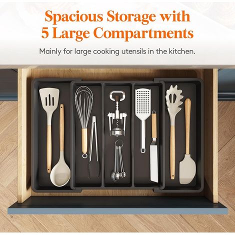 Organizzatore per cassetti da cucina, ampio cassetto estensibile per posate, portaposate regolabile, spatola da cucina in plastica, divisorio per utensili e accessori, nero (1/5)
