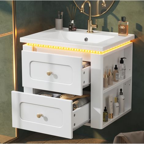 Meuble vasque suspendu 61 cm blanc avec éclairage LED multicolore contrôlé par application, 2 tiroirs, étagère réglable et vasque en céramique, sans robinet – CHICFURN (1/5)