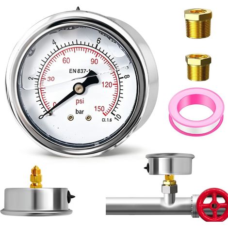 0-10 bar/psi Glycerine Pressure Gauge, 63 mm Dial Stainless Steel Case Radial Connection Brass Back Fitting G1/4" BSP Precision Class 1.6, with 2 reducers to 3/8" and 1/2". (1/5)