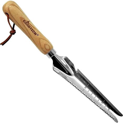 Attrezzo manuale per il diserbo con manico in legno e testa in acciaio inox con misurazione, estrattore di erbacce per diserbare, piantare ortaggi e fiori, scavare e potare (1/5)