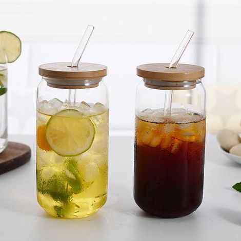 Bocal À Boire Avec Couvercle En Bambou Et Paille En Verre - 16 oz - Embout Étanche - Usage Froid Et Chaud - 1 Pièce (1/5)