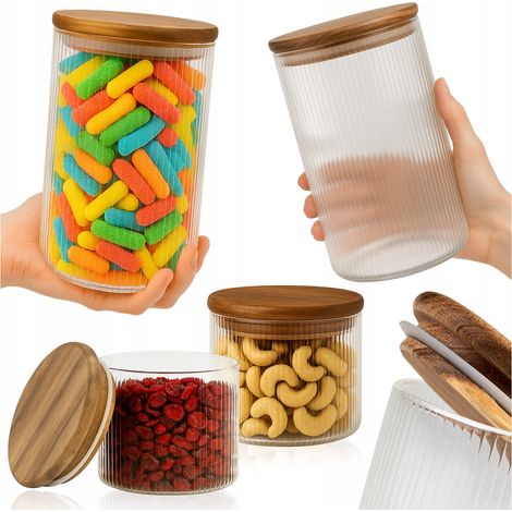 Set – 2x Glas-Vorratsbehälter mit Rillen und Holzdeckel, 1 l + 2x Glas-Vorratsbehälter mit Rillen und Holzdeckel, 390 ml