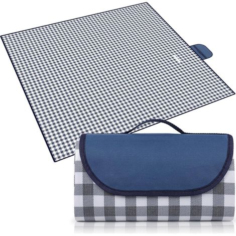 Couverture de pique-nique imperméable 200 x 200 cm, idéale pour les voyages en famille et le camping, motif à carreaux bleu marine