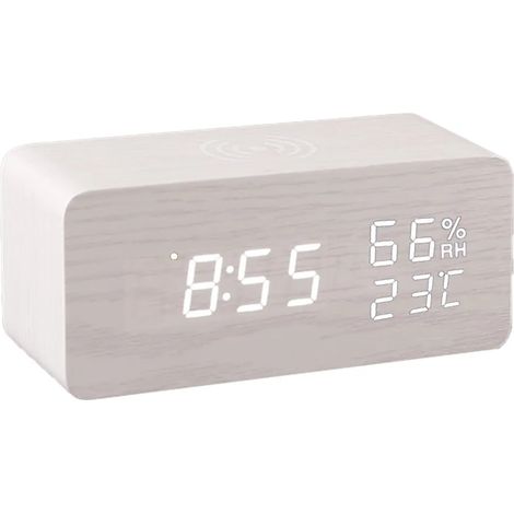 Réveil numérique en bois avec chargement sans fil, 3 alarmes, horloge de table électronique à LED, 3 niveaux de luminosité réglables (bois blanc) (1/4)