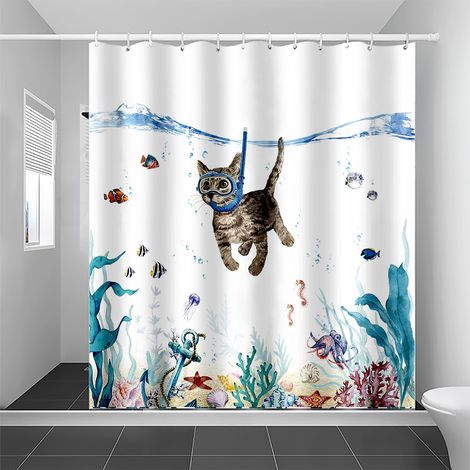 Filiyano-Rideau de douche amusant avec un chat, en polyester résistant bleu turquoise, lavable en machine et imperméable, thème hilarant pour la (1/5)