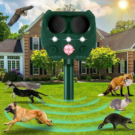 Repulsif Chat Exterieur Ultrason, Effaroucheur Solaire ＆ Charge USB, 5 Modes, Lumière LED,Étanche, Répulsif Renard, Taupe, Chiens, Raccoons (1/5)