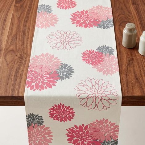 Chemin de table en lin - Printemps été - 40 x 140 cm - Avec fleurs de dahlia en rose et beige - Style bohème géométrique - Décoration de table moderne pour salon, salle à manger, cuisine (1/5)