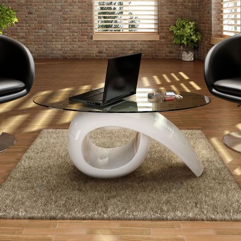 Table basse Table d'appoint pour Salon Chambre - avec dessus de table en verre ovale Blanc brillant BV547708 - BonneVie (1/3)