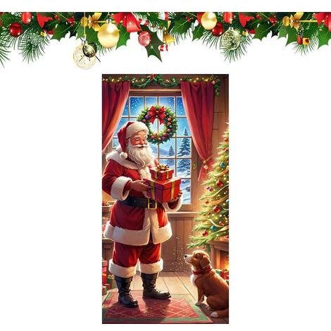 Christmas Door Cover, 35.4x70.8inch Santa Dog Design 2D Flat Front Door Backdrop, Holiday Decoration for Winter, Birthday, Kitchen, Porch, House, Glass, Apartment, Outside Home (1/5)