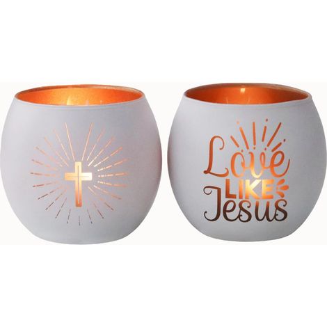 Photophores blancs - Lot de 2 photophores en verre avec croix et doublure intérieure en or - Cadeaux religieux, déco de Pâques, cadeaux chrétiens pour baptême, première communion (1/5)