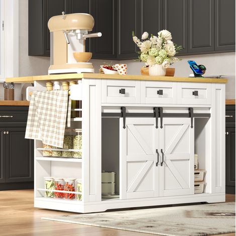 Îlot de cuisine mobile plateau rabattable, prises USB, portes coulissantes 130 x 50(80) x 87 cm (1/5)