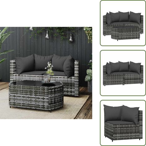 Salon de jardin 3 pcs avec coussins Gris Résine tressée - Canapé De Jardin - Mobilier De Jardin - Salon De Jardin - Set De Jardin - Table Basse (1/5)