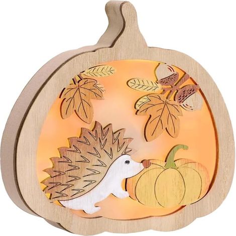 Lampe De Table En Bois - LED Avec Hérisson Citrouille Et Pomme De Pin - Décoration Automne Halloween - 12 5x2 5x15 Cm - 1 Pièce (1/5)
