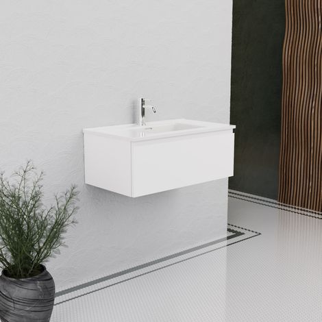 Inda - Badezimmerschrank B.80 mit glänzend/mattweißem Waschbecken 1 Schublade - Rubin (1/5)