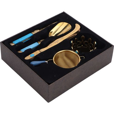 Service à thé en acier inoxydable 304 avec cuillère à thé, aiguille, pince et filtre, accessoire pour le thé Kung Fu, couleur or (1/5)