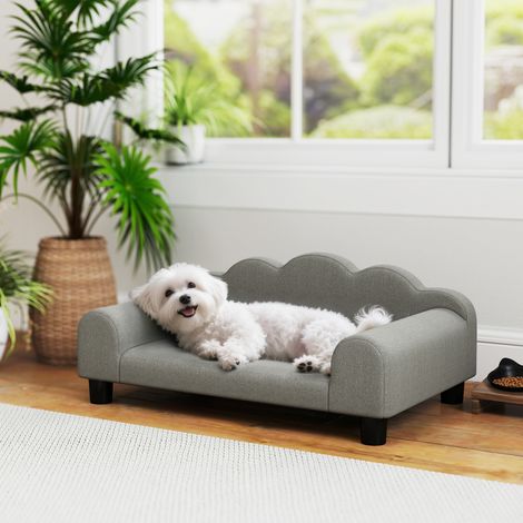 Gris - Petit canapé pour chien doux avec accoudoirs de soutien, canapé en bois et tissu éponge français, 66x42x28,5 cm