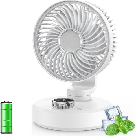 Table Fan, Small Quiet Fan with Shaking Head, Rechargeable, Portable, 6 Speeds, LCD Display, Mini USB Table Fan, Suitable for Office, Home and Camping (White) (1/5)
