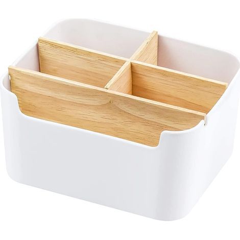 Desk organizer, wooden pen holder, desk storage, wooden remote control holder, multifunctional box, bamboo desk accessory set for pencils and notes, white (1/5)