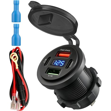 12V USB Prise de Chargeur Voiture, 4 Ports PD30W QC3.0 Voltmètre LED (1/5)
