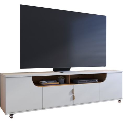 Meuble TV 75 Pouces Blanc et Chêne 4 Portes 8 Niches Roulettes L 200 H 55 P 38 cm (1/5)